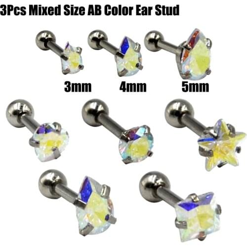 3Pcs 16g Mixed 3mm &4mm& 5mm AB Color Upper Lobe Lip Nose Stud Earrings Ear Tragus Helix Cartilage Conch Stud Body Kewelry