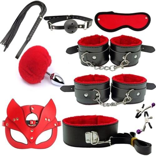 7 Pcs / set Sex Product Erotic Toys Adults Bdsm Bondage Tail Anal Plug Handcuffs Nipple Clamps Gag Whip Rope Toys For Couples