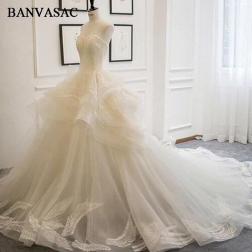 BANVASAC 2018 Strapless Embroidery Plus Size Ball Gown Wedding Dresses Real Photos Lace Tiered Chapel Train Bridal Dresses