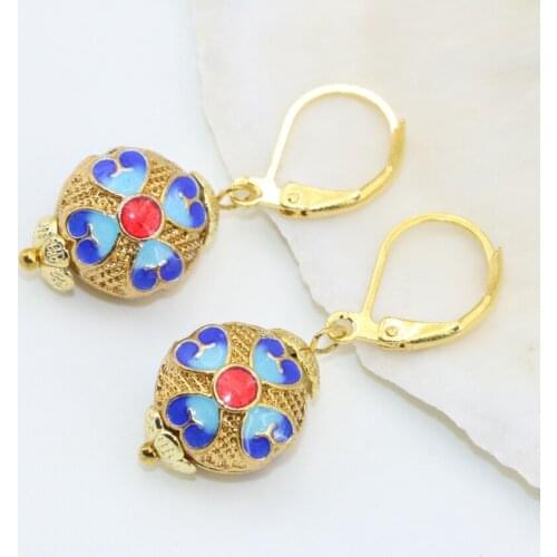 Free shipping new design 12mm high grade carved flower hollow gold-color cloisonne dangle women drop earrings jewelry B2650