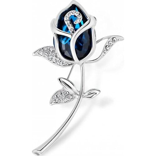 Blue Crystal Brooch Womens Classy Rose Flower Brooch Pin