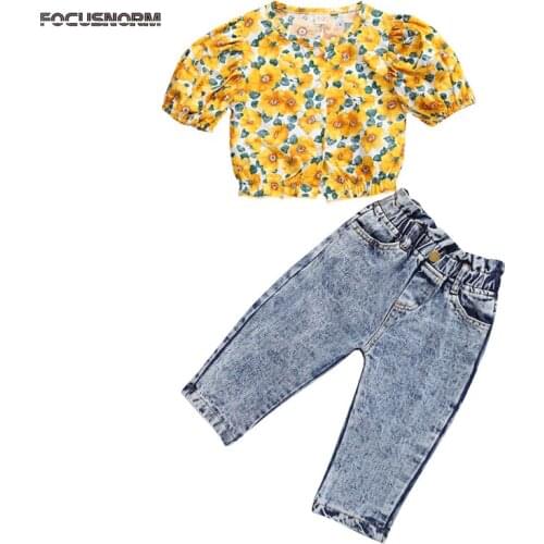 FOCUSNORM 1-6Y Baby Girls Clothes Sets Flowers Print Short Sleeve T Shirts Tops Denim Jeans Pants 2pcs