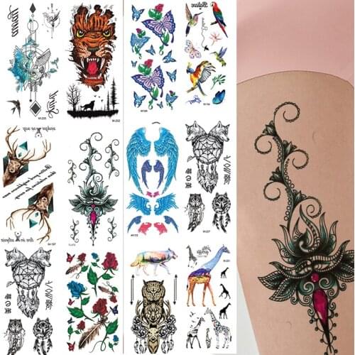 Temporary Waterproof Tattoo Lion Deer Wolf Fake Tato Sticker Paper Butterfly Phoenix Women Tattoo Stickers Leg Chest Arm flower