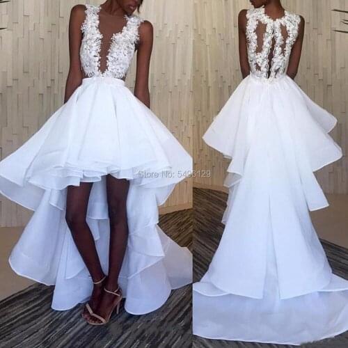 Exquisite Floral Hi-Low Satin Wedding Dresses Vestido De Noiva Lace Appliques See Through Backless Bridal Wedding Gowns 2020