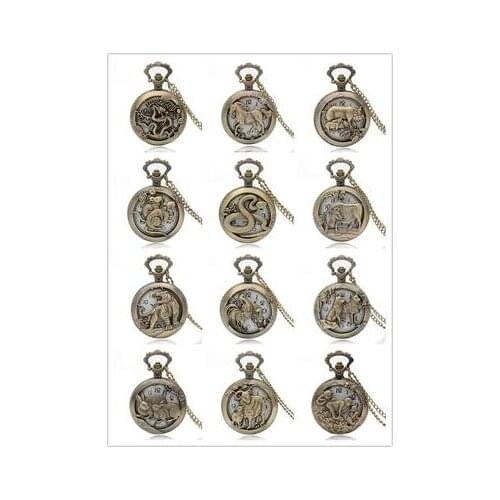 Pocket Watch Free Shipping Bronze Copper Chinese zodiac Hollow Quartz Watch Clock Hour Chain Pendant Womens Men Xmas GIfts P908
