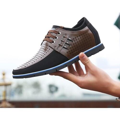 Leather Men Shoes Hollow Breathable Increase Shoes Man Sports Walking Shoes Height Full Dress Casual shoes Genuine Leather
