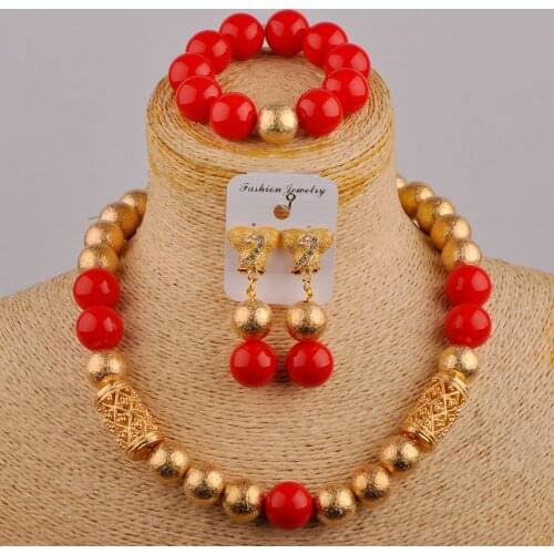 Red African Beads Jewelry Set Nigerian Necklace Costume Jewelry Set for Women