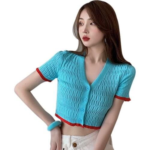 Summer Korean Style Fashion Retro Slim Casual Outer Wear V-Neck Knitted Short Style Short-Sleeved Top T-Shirt
