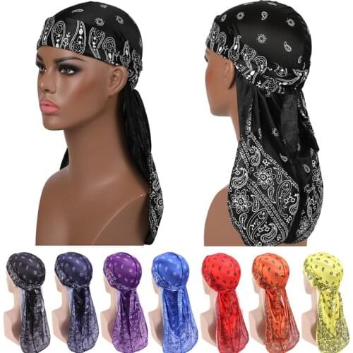 Fashion Men Silk Headwrap Durag Paisley Printing Silky Durags Bandanas for Men Long Straps Headwear Head Scarf Wave Cap
