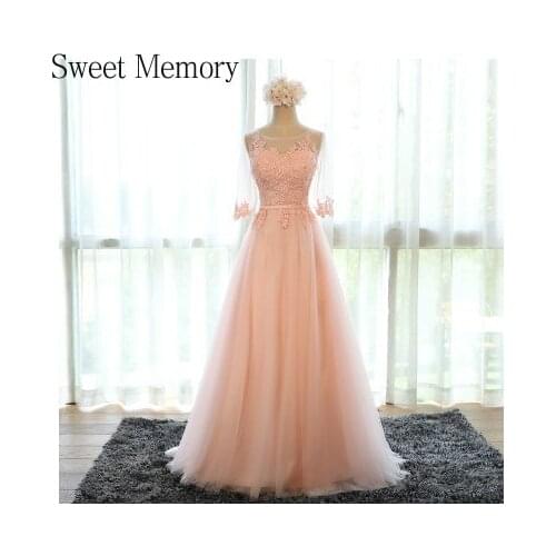 N295 Sweet Memory Appliques Lace Illusion Half Sleeve Gray Pink Bridesmaid Dresses Women Floor-Length Gowns For Wedding Party