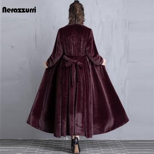 Nerazzurri Winter Long Skirted Fluffy Soft Faux Fur Coat Women Shawl Collar Belt Pockets Elegant Luxury Vintage Fashion 2021