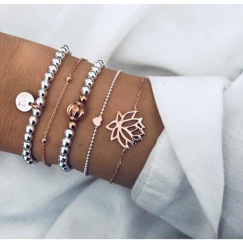 New European and American Simple Lotus Flower Love heart Beaded Hand Jewelry Five-Piece Bracelet for Female Wholesale
