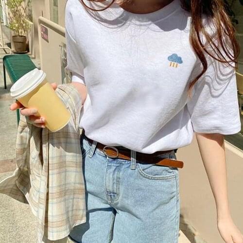 High Quality Embroidery Cotton T Shirt Women Korean Style Summer Short Sleeve O Neck All- Match Woman Tops Casual Loose T-shirt