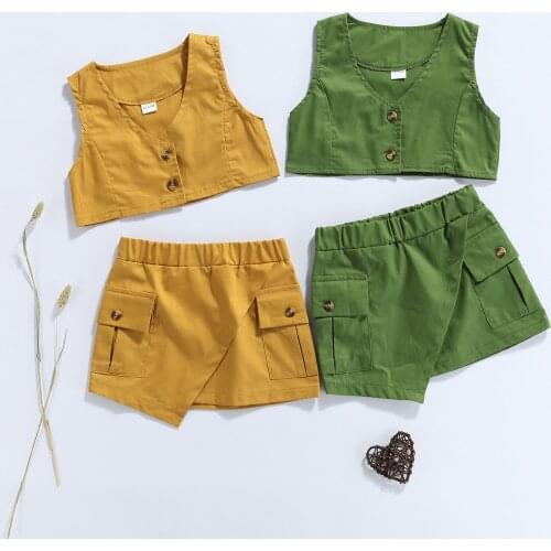 Baby Girls Solid Color Clothes Set, Sleeveless V-neck Button-up Cropped Tops+Irregular Hem A-line Short Skirt 18M-6T