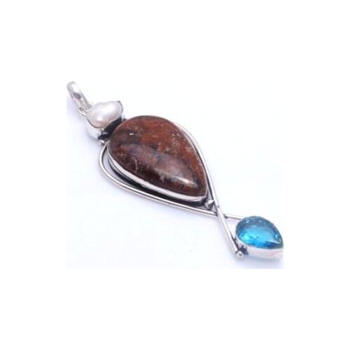 Genuine Jasper + Biwa Pearl + Blue Topaz Pendant Silver Overlay over Copper , 85 mm, P10119