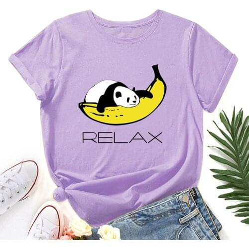 Relax Nap Panda Sleeping on Banana Graphic Tee Shirt for Women Cute Panda Bear T-Shirt Summer 100%Cotton Short Sleeve Tops