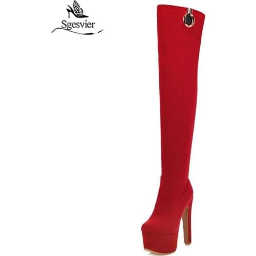 Sgesvier Winter Fashion Thick High Heel Womem Shoes Slip On Stretch Over The Knee Boots Suede Thigh High Long Boots Size 48 G749