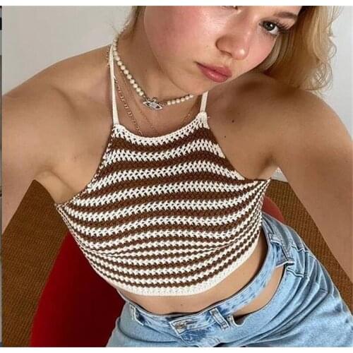 Hirigin Knitted Striped Camis Women Clothes Halter Crop Tops 2021 Sexy Sleeveless Lace-up Crochet Tank Vest Streetwear Summer
