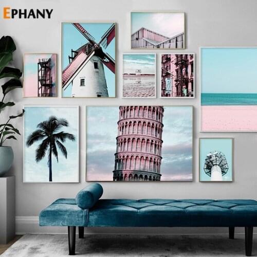 Windmill Rose Pink Beach Sea Scenery Canvas Painting Coconut Tree Wall Art Nordic Living Room Decor Posters and Prints Pictures