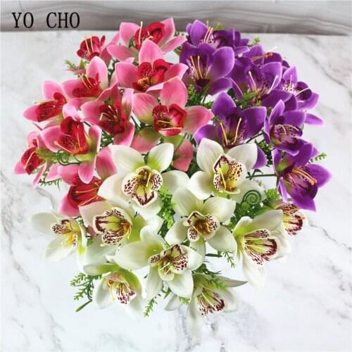 YO CHO Small Orchid Artificial Flowers Branch Multi Colors Silk Flowers Home Vase Party Wedding Table DIY Decoration Faux Flores