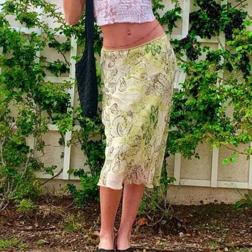 2000S Aesthetic Kawaii Midi Skirts Womens Plant & Flowers Print Y2K Mid-Calf Skirt Double Layer Mesh Low Waist Skirt