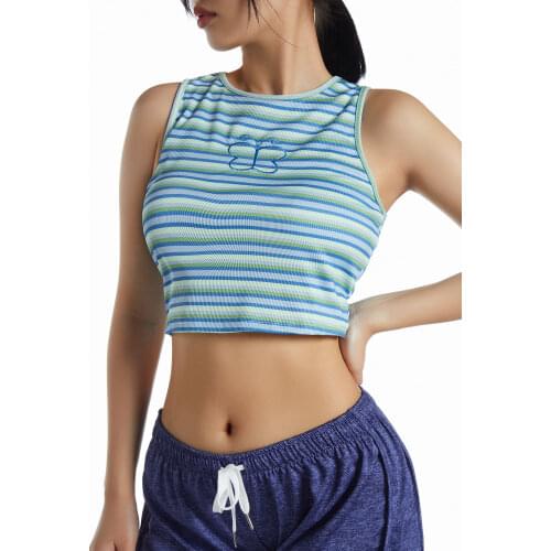 Womens Striped Print Tank Tops 90s Girls Casual Sleeveless O-Neck Butterfly Embroidery Rib Knit Crop Tops Summer Tees