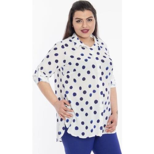 Hanezza Plus Size Women Fashion 2021 Summer Clothing Polka Dot Long Sleeve Elegant Satin Shirts 2XL - 6XL Large Size Turn-Down Collar Pocketless Chic Tops + 42 - 52 EU Casual Wear Female Navy Blue, Green, Red, Yellow
