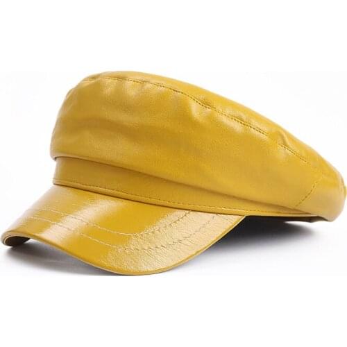 Retro Women Ladies Autumn Winter Beret Hat PU Leather British Style Flat Top Octagonal Cap Adjustable Female Hat