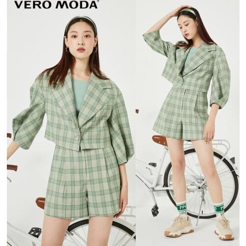 Vero Moda Women Vintage Plaid Lantern Sleeves Short Suit Coat Blazer | 320408001