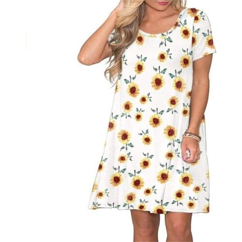 Echoine Summer Casual Tshirt Dresses for Women Swing Sun Printed Dress Beach Swimsuit with Pockets