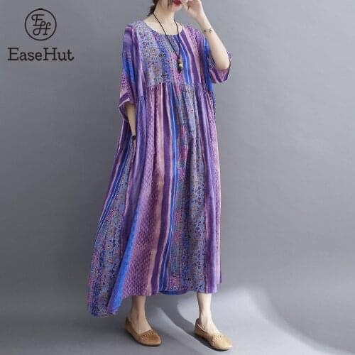 EaseHut 2021 Summer Women Loose Dress Vintage Floral Print Pockets Half Sleeve Oversized Holiday Boho Casual Robes Female
