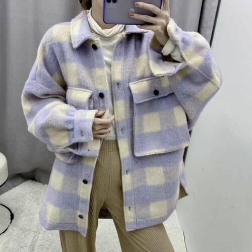 Autumn Winter Warm Woolen Cloth Coat Women Retro Plaid Shaped Long Sleeve Pocket Jacket Vintage Outerwear Girl Trench Streetwear