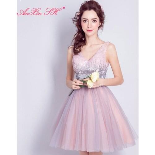 AXJFU Pink lace princess evening dress heavy nail bead bride v neck sparkly evening dress short evening dress toast service 5980