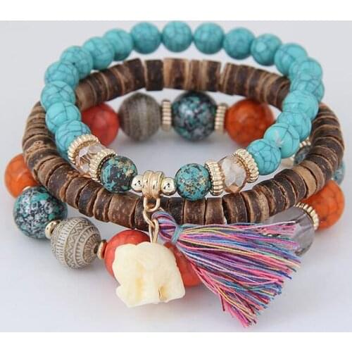 3PC/Set Bohemian Beads Bracelet for Women Elephant Tassel Charms Wood Bracelets&Bangles Boho Vintage Elastic Pulseira Feminina