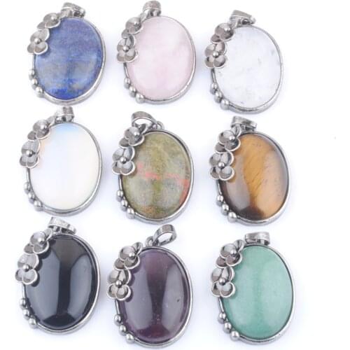 5Pcs/Lot Vintage Egg Shaped Natural Stone Pendant Antique Silvers Color Plated Pendants Flower Charm Jewelry Women Men QBN418