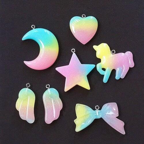 7pcs Gradient Resin Flatback Glitter Heart And Wings Charms For Necklace Keychain Pendant DIY Making Accessories