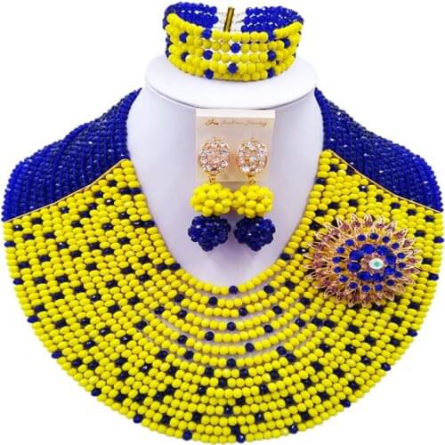 ACZUV Royal Blue and Yellow Beaded Jewelry Set Nigerian Wedding African Beads Necklace 15C-010