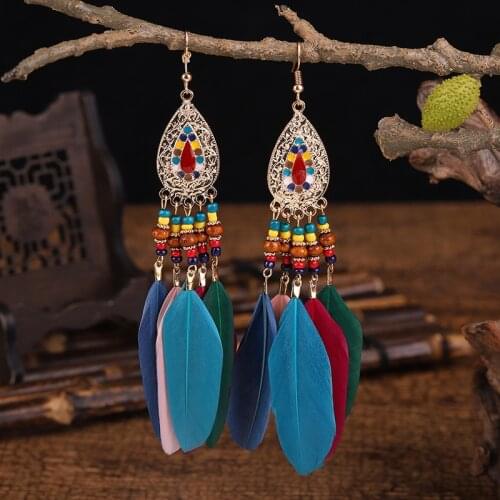 Bohemian Waterdrop Jewelry Vintage Colorful Feather Wood Beads Tassel Earrings For Women Hangers Ethnic Indian Jhumka Earrings