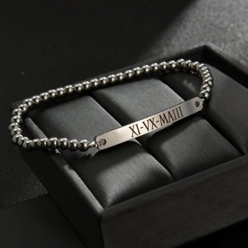 Custom Engrave Letters Stainless Steel Round Beads Chain Bracelets Curved Bar nameplate for Woman Gilr Personalized Gift Jewelry