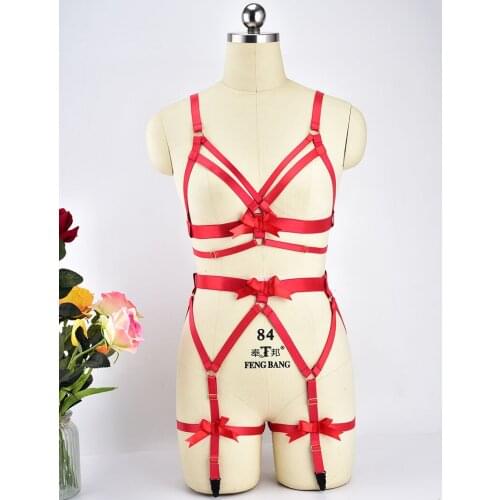 Gothic Red Harness Bra Garter Belts Goth Fetish Body Bondage Harness Set Women Sexy Pole Dance Bondage Lingerie Tops Bodysuit