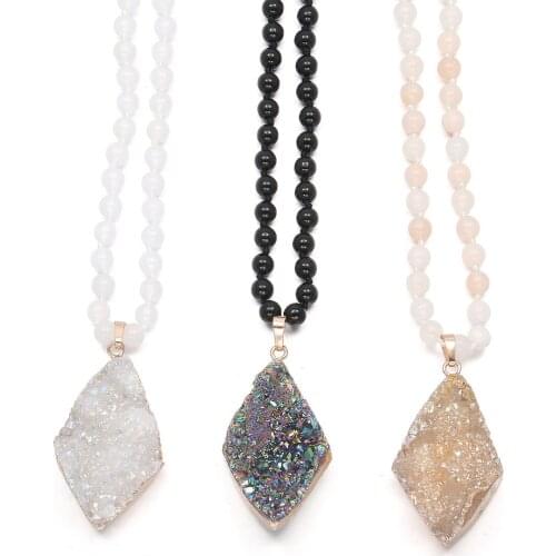 Fashion Diamond-Shaped Agate Pendant Necklace With Natural Stones Obsidian Pink Aventurine Round Beads for Men Ms Jewelry Gift