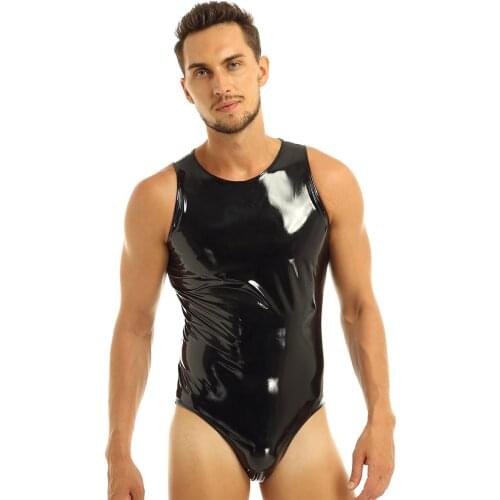 Men Lingerie Sexy Catsuit Wetlook Patent Leather One-piece Sleeveless Leotard Clubwear Back with Zipper Thong Bodysuit Costume