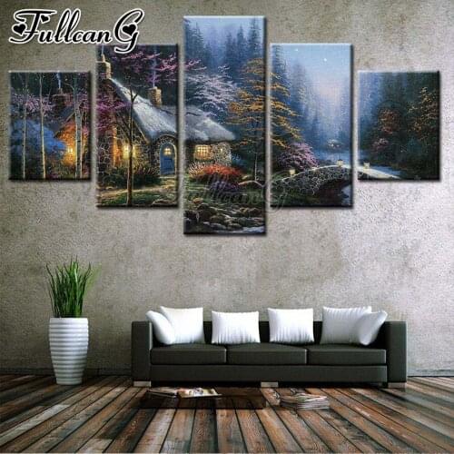 FULLCANG Evening cottage scenery 5 piece diy diamond painting full square round drill mosaic embroidery sale home decor FC3088