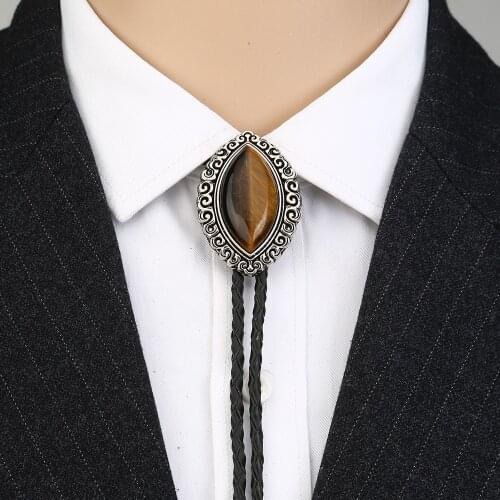 Western cowboy BOLO TIE suit accessories retro big eyes natural agate leather collar rope birthday banquet gift