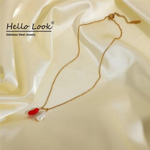 Hellolook Freshwater Pearl Necklace Women 18K Gold Plated Red Coral Necklace Jewelry Stainless Steel Chain High Quality