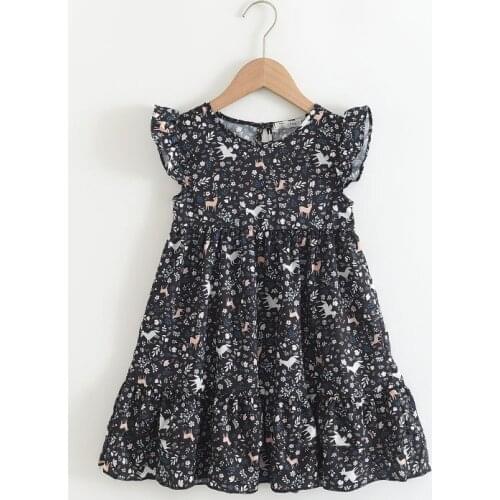 2021 New Girls Dress Flounced Sleeve Floral Cartoon Unicorn Deer Girl Long Dress Childrens Summer Clothing