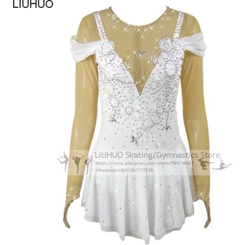Ice Skating Dress Girls White Rhinestones Lace Children Kids Competition Dress Ballroom Dance Costumes for Women