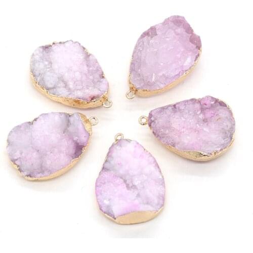Pink Crystal Pendant Golden Plated Irregular Natural Agates Druzy Necklace Earring For Women Jewelry Making 25x38-30x42mm