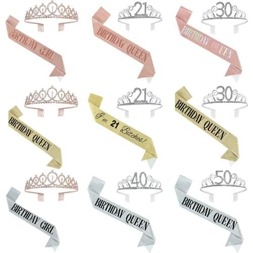 18 21 30 40 50 Rhinestone Crystal Crown Tiara Birthday Queen&Girl Satin Sash for Birthday Anniversary Party Decoration Supplies