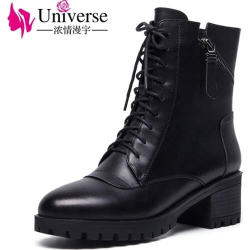 Universe women riding boots lace up ankle boots low heel genuine leather shoes for ladies G407
